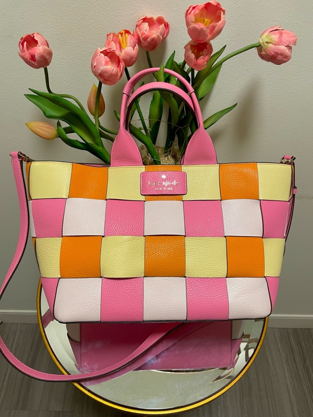 New Kate Spade 100% Genuine leather Pink ivory Woven convertible large Tote bag - Picture 3 of 17